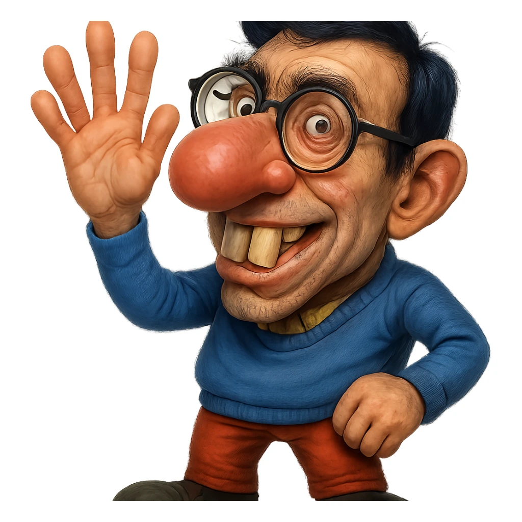 Make this character look like a nerd with an even bigger nose, buck teeth, glasses, and more realistic features. Keep the hand visible. Style should be semi-realistic, nerdy, expressive, with no background. sticker