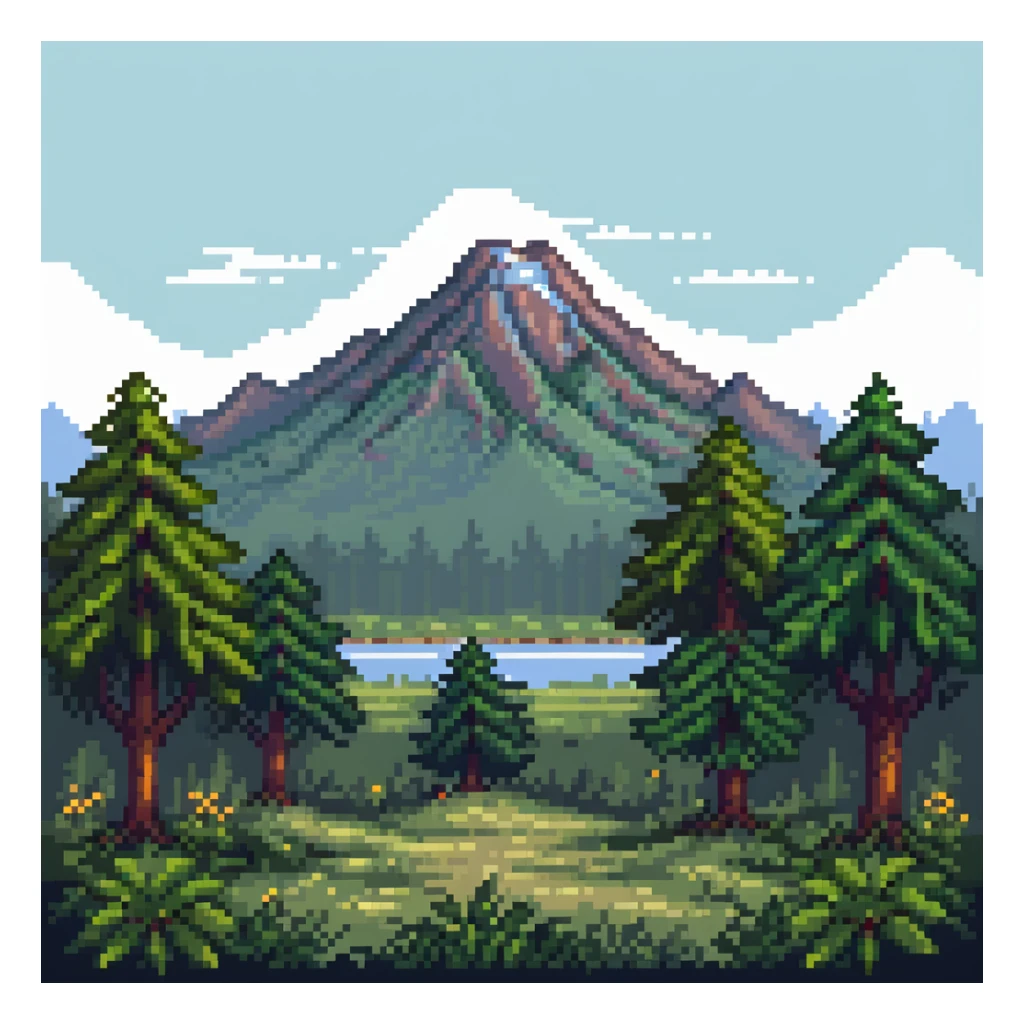 2D forest background with parallax layers, trees, bushes and a distant mountain sticker