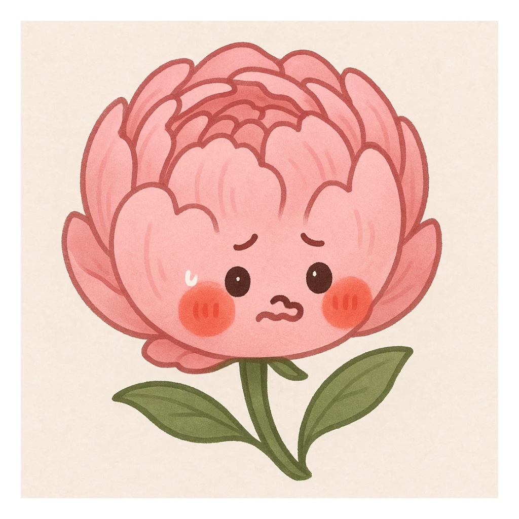 cute pink peony flower, round body, red cheeks, nervous demeanor sticker