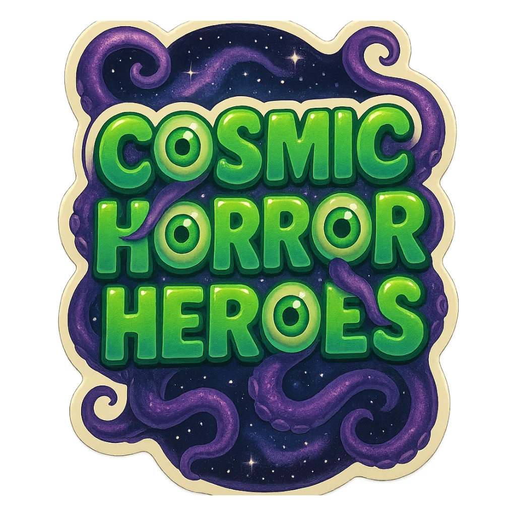 logo design for 'Cosmic Horror Heroes' in retro stickers style, bold rounded green letters, with all three 'O's in 'COSMIC', 'HORROR', and 'HEROES' as green eyeballs, purple tentacles intertwined around letters, swirling space background, formatted to standard playing card dimensions 2.5 x 3.5 inches vertical sticker