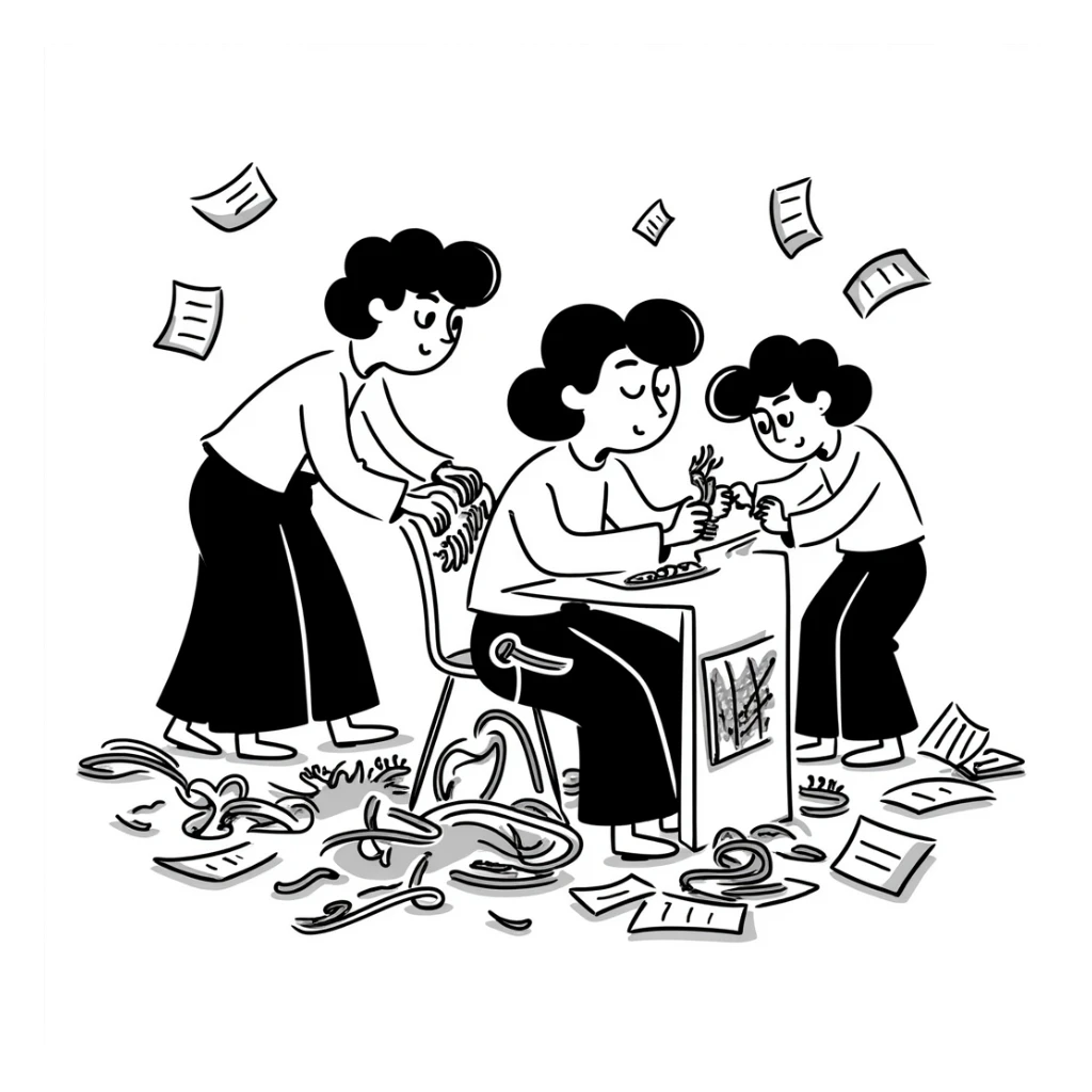 Messy group of confused teammates with mixed expressions and chaos sticker