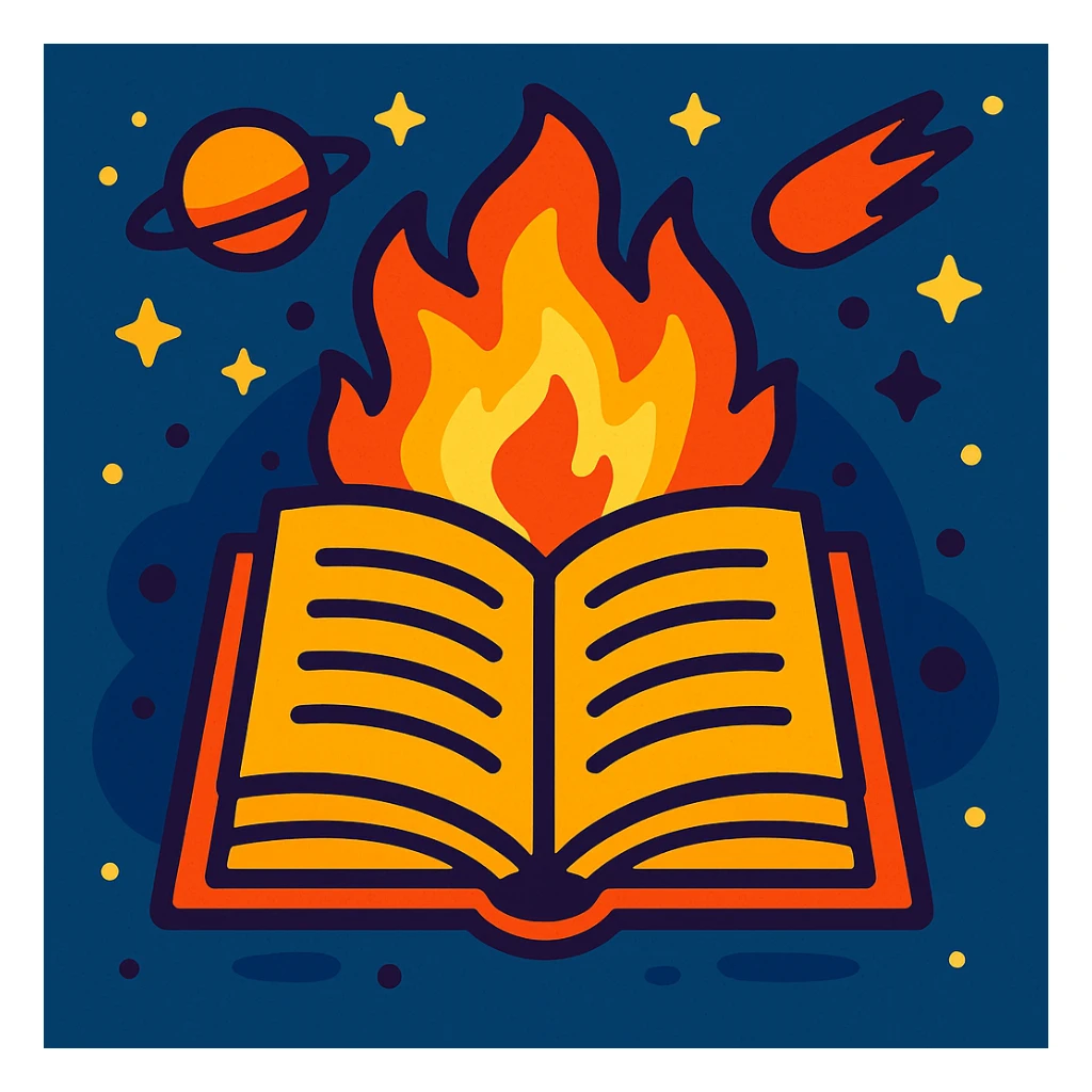 fun event icon featuring a book and fire, with a space theme, vibrant colors, playful style sticker