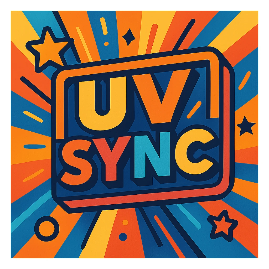 vibrant toon style sign with 'uv sync', colorful and energetic sticker