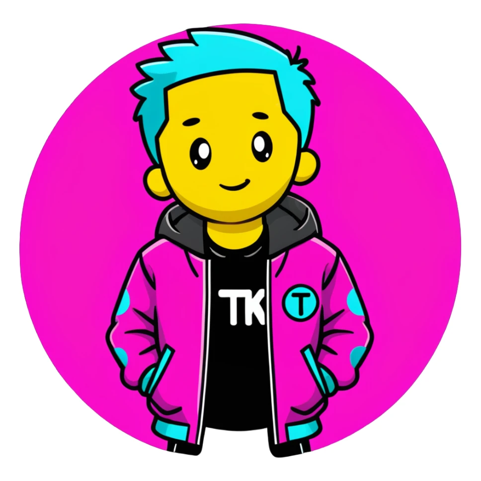 Minimalist sticker with white 'tt' letters on a black circle with cyan, magenta, and yellow dots below, jacket with street style influence sticker