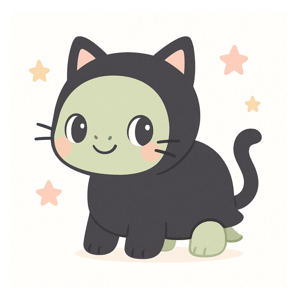 a tortoise wearing a full black cat costume, including whiskers and a tail, looking mischievous sticker