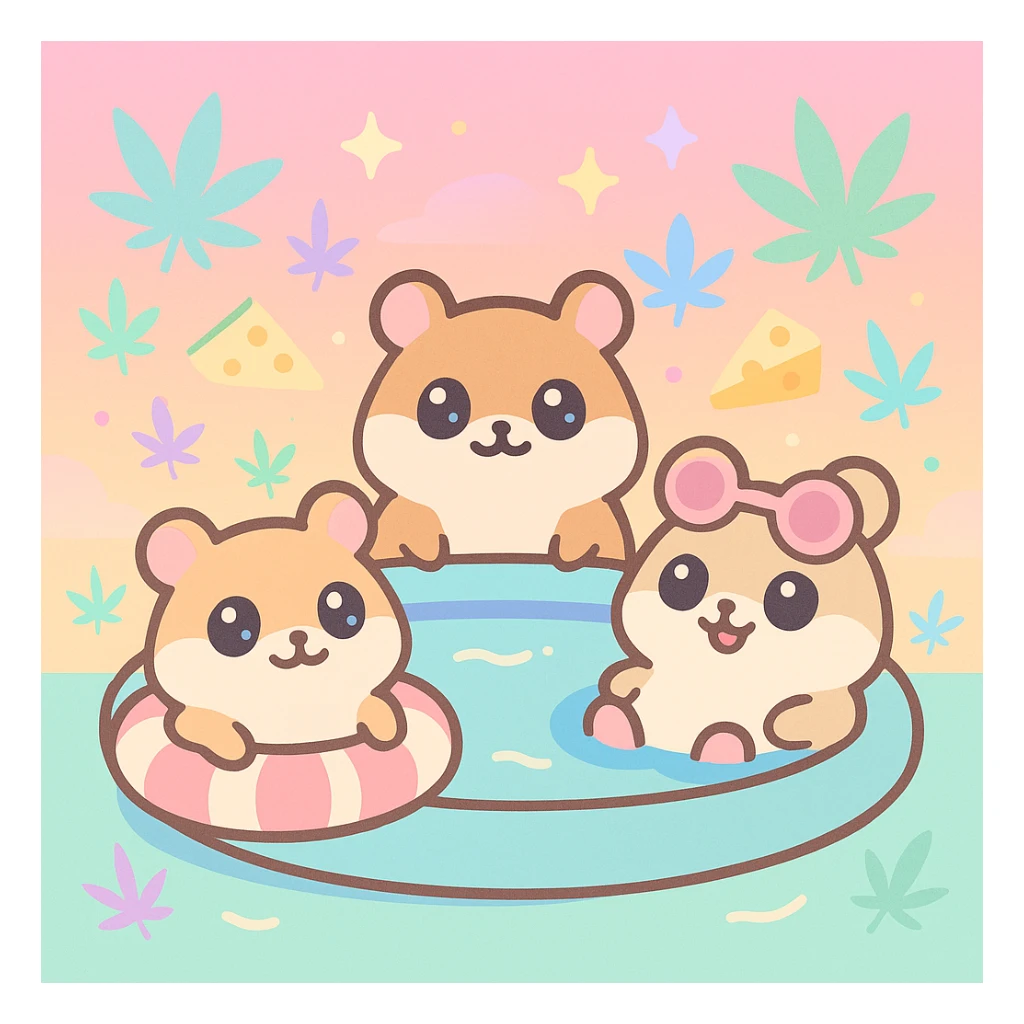 Discord server icon, square, super cute pool party at sunset with up to 3 hamsters, weed leaves, cheese, THC theme, no disco ball, vaporwave style, pastel neon colors, dreamy gradients, sparkles, nostalgic, fun, inviting, summer party vibe, clear composition sticker