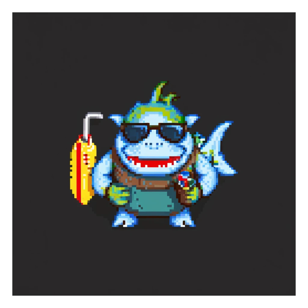 orc male with a shark-shaped inflatable floatie, wearing large sunglasses and a whistle on a cord, pixel art style sticker