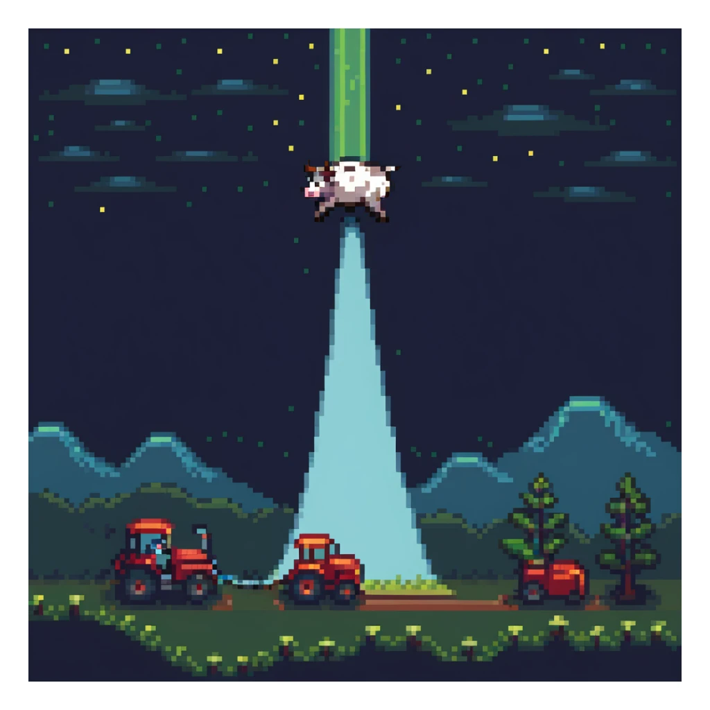UFO abduction scene with a cow being lifted by a tractor beam at night sticker