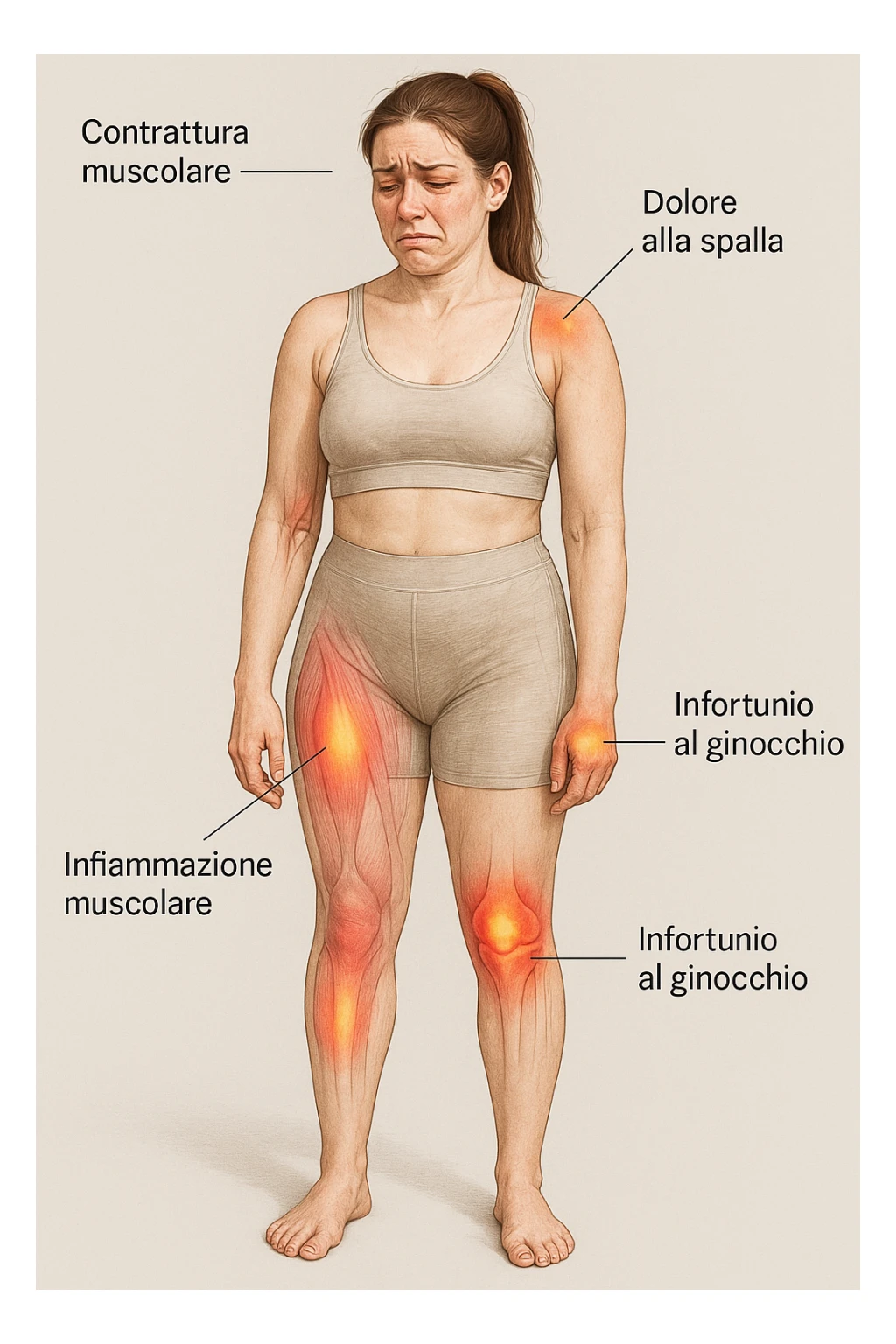 donna con infortuni e contratture frequenti in 3D realistica, donna dolorante immagine medica in italiano  sticker