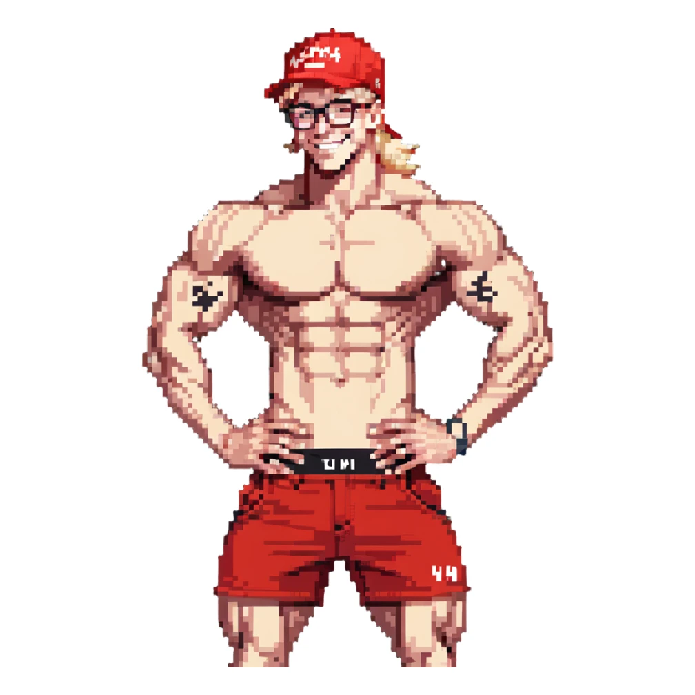 Skinny man with muscular definition, black and white cap with VANOMAS text, bare torso, red shorts, clear glasses, messy light blond hair, flexing muscles and smiling sticker