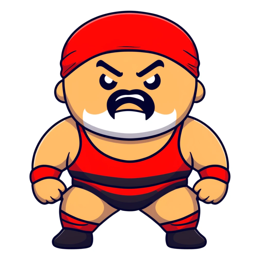 White skin fat guy with prominent black durag, shaved beard stubble, black eyes in a red and black wrestling singlet with angry face sticker