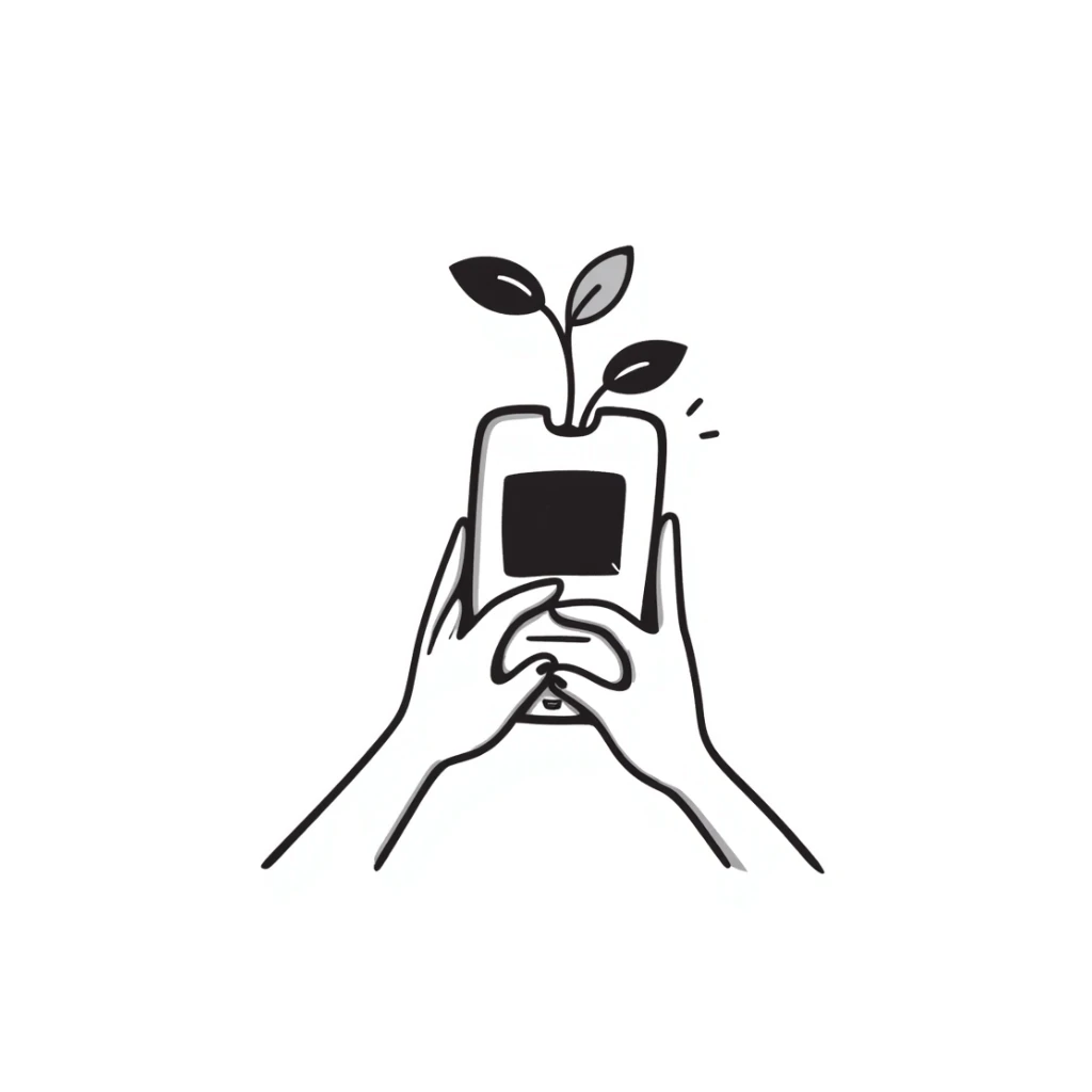 hands holding a plant sprouting from a smartphone, hand drawn doodle style, simple lines, black and white sticker
