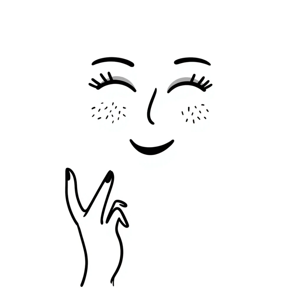 A hand-drawn face with closed smiling eyes with eyelashes, pursed lips wearing lipstick, and a hand with painted nails where only the thumb is out sticker