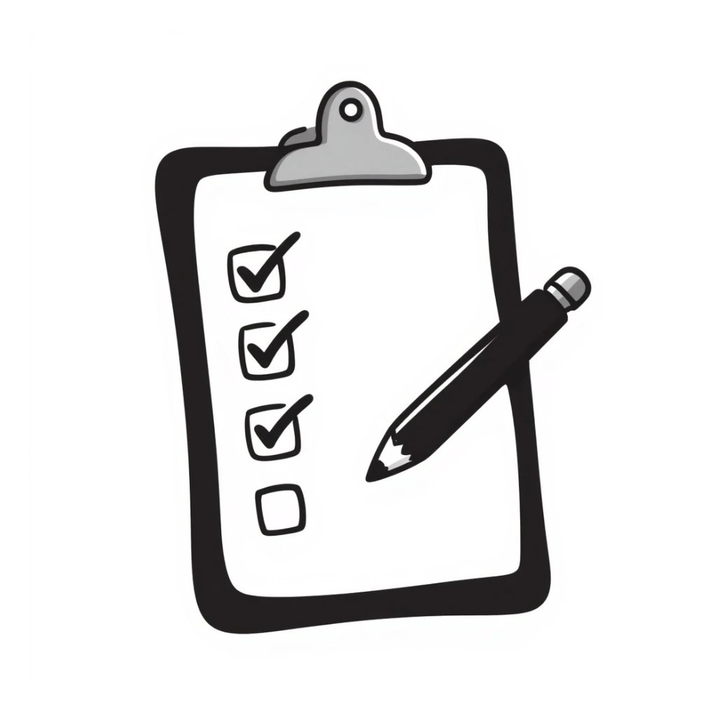checklist on a clipboard, hand-drawn doodle style, clean and simple sticker