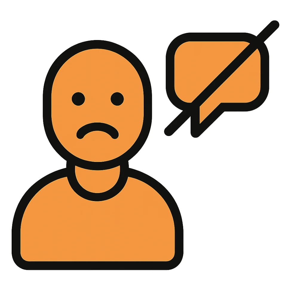 Disengaged user silhouette with a crossed-out chat bubble, orange and black outline, transparent background, lineal color icon with black outlines style. sticker