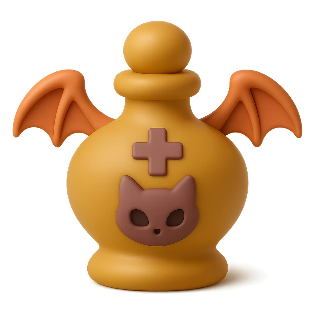 Create a mochi style gold goth potion bottle with a cat motif, soft and cute gothic look, no background. sticker