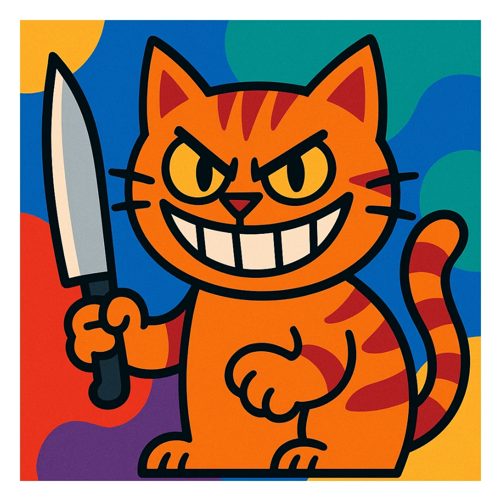 a mischievous cat with a knife and a wide menacing grin, cartoon style, bold colorful illustration sticker