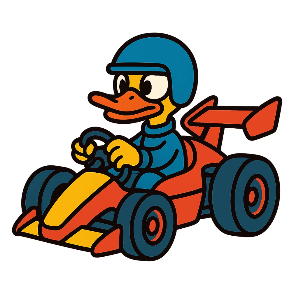 cartoon duck driving a race car in vibrant toon style sticker