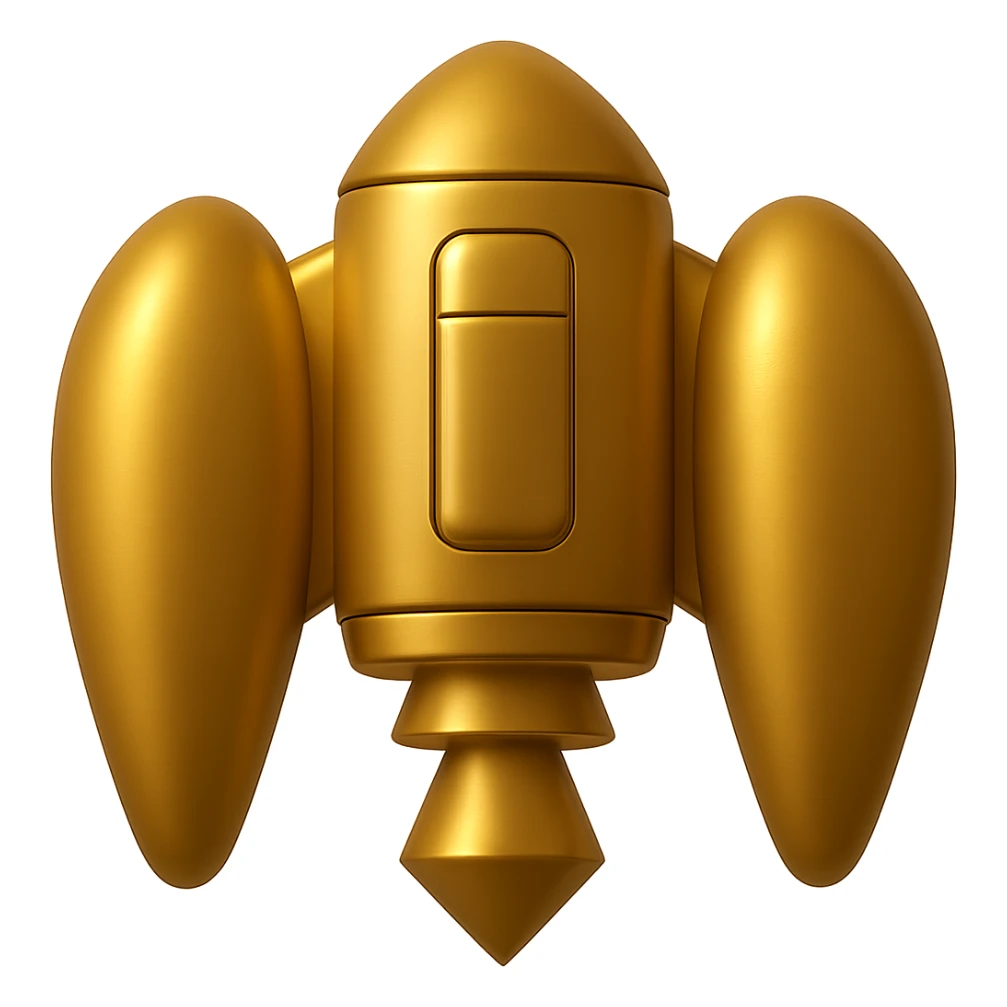 Make the wing rockets even wider, gold ancient wide jetpack, back view, no fire, in the style of apple emojis, with no background. sticker