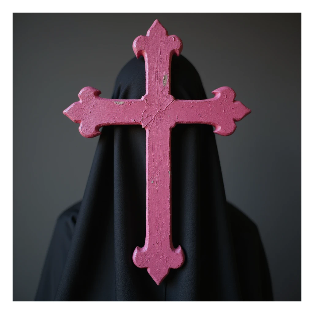 realistic gothic cross, pink with a black veil, photorealistic style sticker