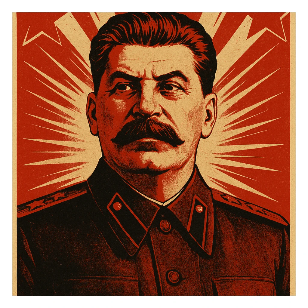 stern portrait of Stalin in a classic Soviet propaganda poster style sticker