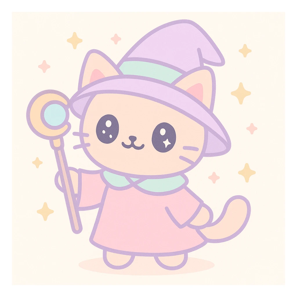 a wizard cat with a magic staff, cute cartoon style sticker