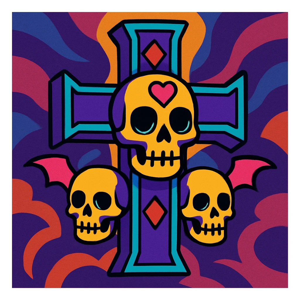 goth cross with skulls, vibrant colors, toon style sticker