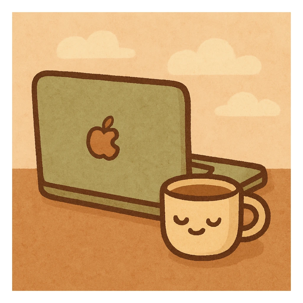 MacBook con una taza de café al lado, estilo minimalista y limpio sticker