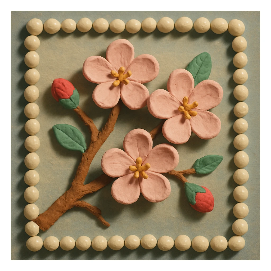 pastel sakura branch with a pearl border, claymation style sticker
