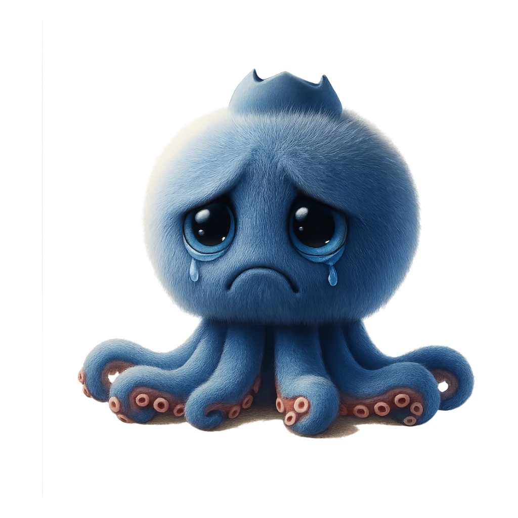 Change the octopus character's face to a sad expression, keeping the image quality and style the same, transparent background, maintain the original style and details. sticker