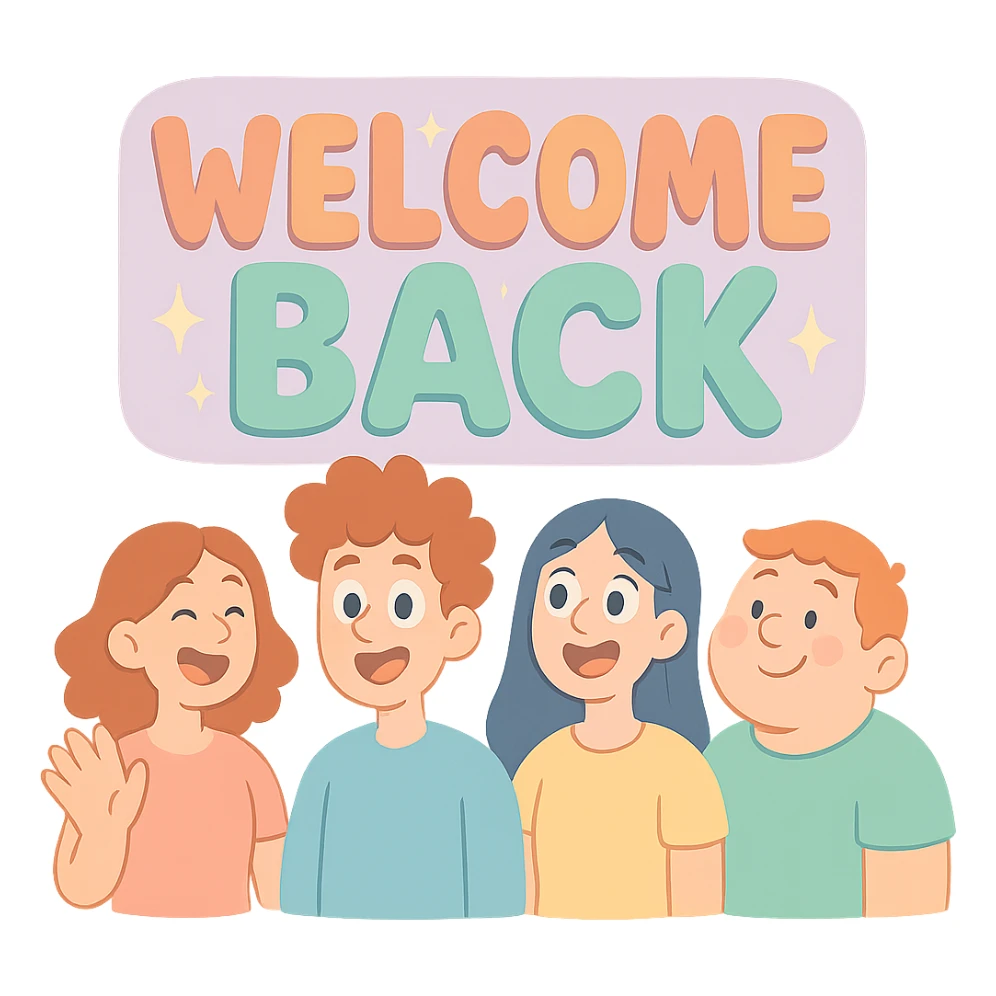 pastel 'Welcome Back' sign with soft colors, gentle gradients, and subtle sparkles sticker