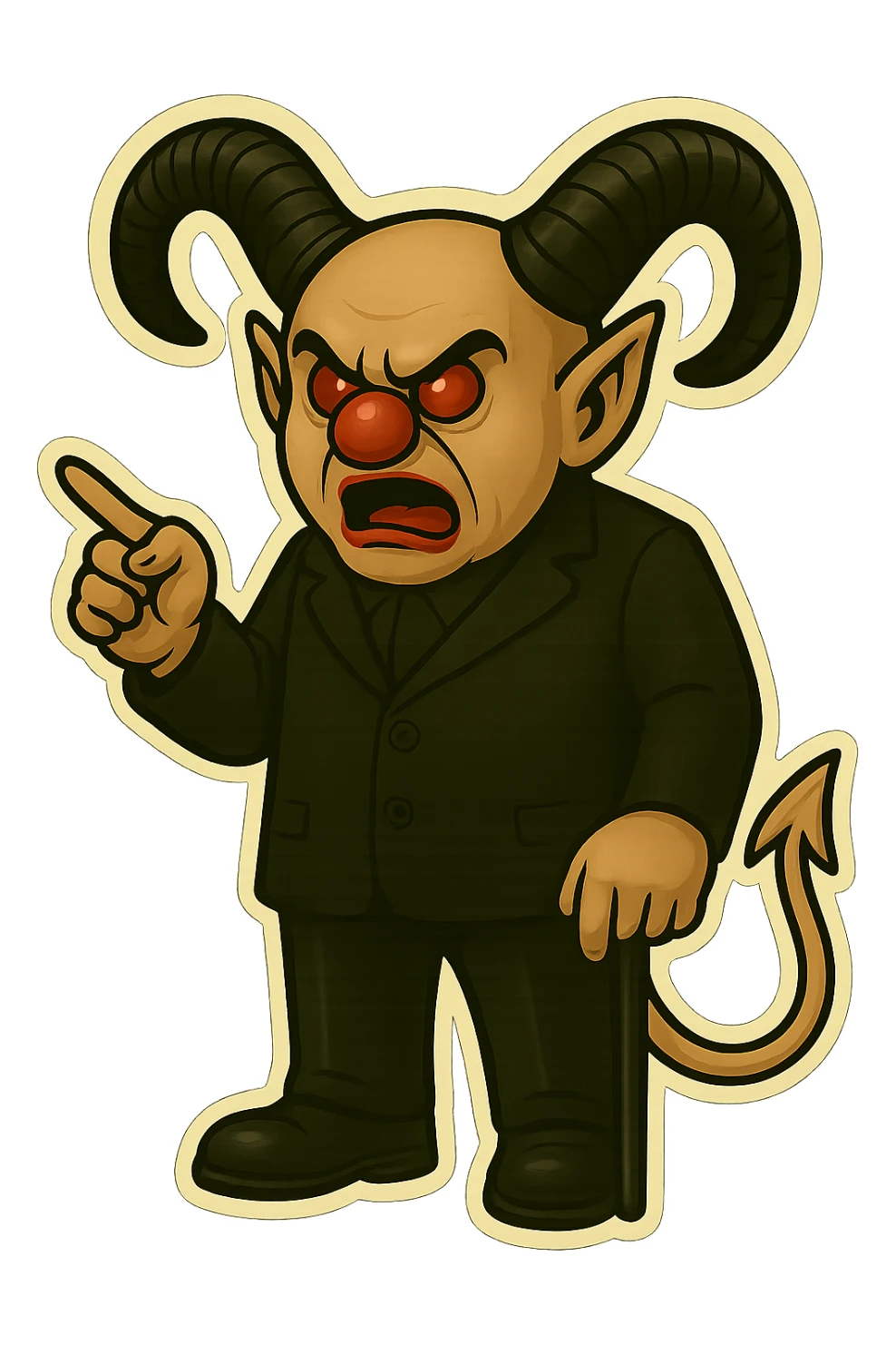Render an evil clown wizard in retro sticker style, transparent background, pointing and giving a speech, wearing an all black suit, no pentagrams. Use the reference images for face, horns, and tail. sticker