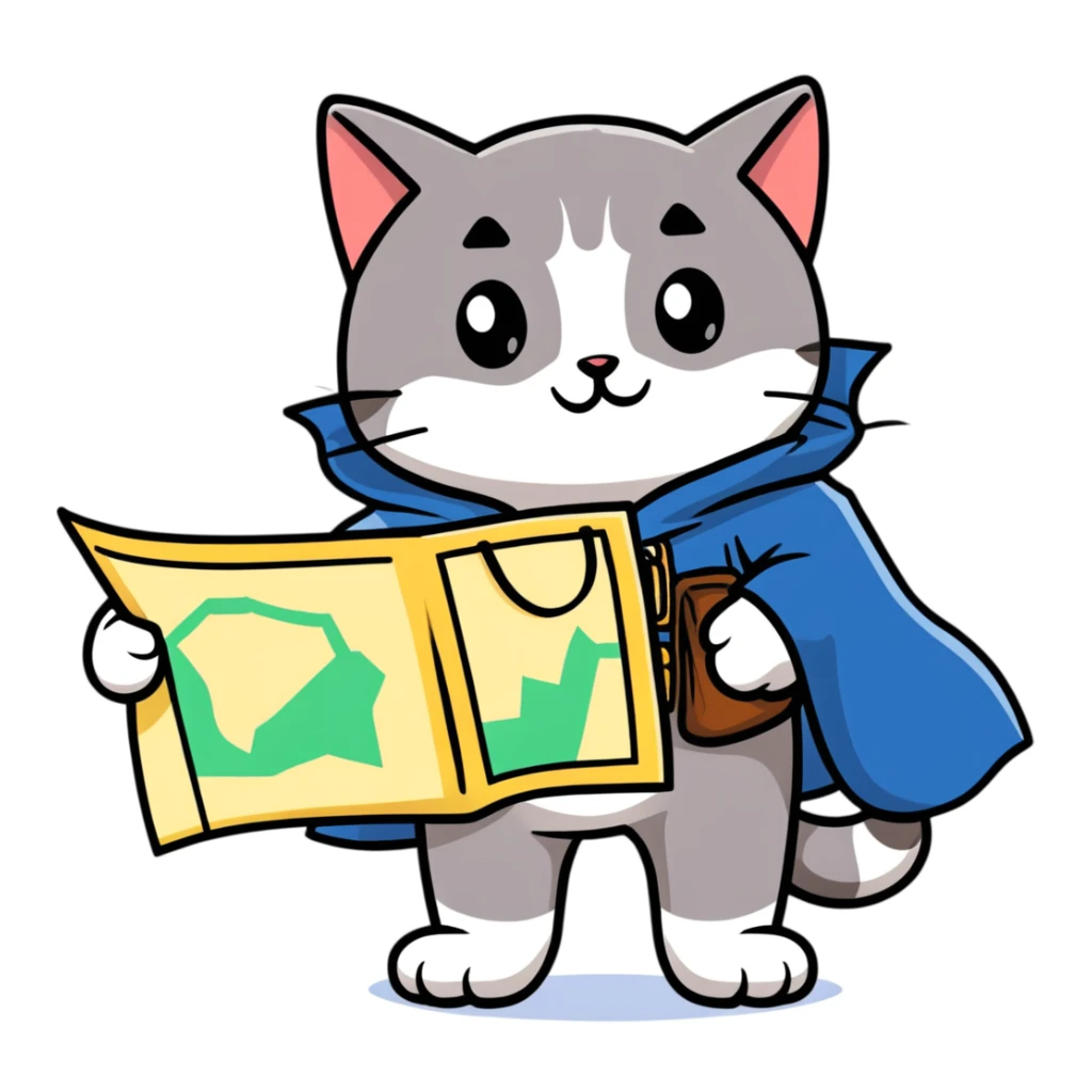 Explorer cat with map in paws, mountains and starry sky behind, wearing explorer outfit and cloak blowing in wind, gazing at horizon sticker
