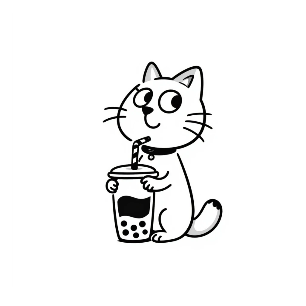 hand drawn doodle of a cat with boba tea sticker