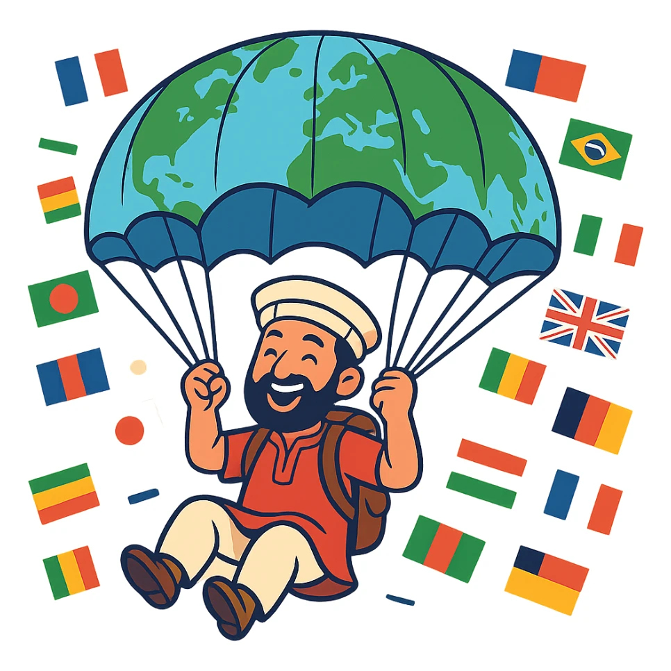 A joyful tourist in traditional clothing parachuting with a world map, various national flags in the background, modern style, vivid colors. sticker