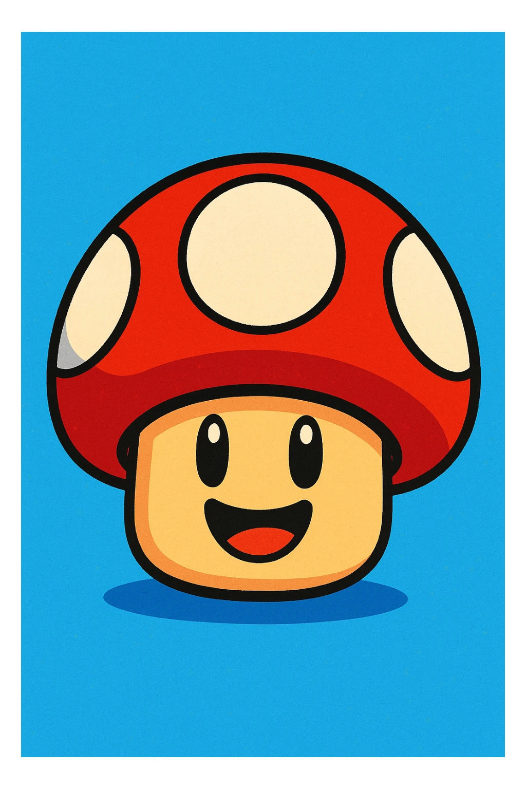 playful cartoon style Mario Mushroom, bright colors, simple shading, iconic red cap with white spots, cheerful expression sticker