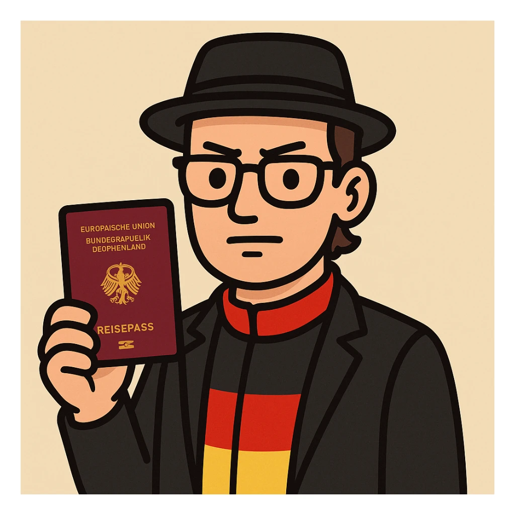 stylish cartoon character holding a German passport, with elements of the German flag or national symbols, serious but friendly expression, suitable for a mobile app icon about permanent residency or citizenship in Germany sticker
