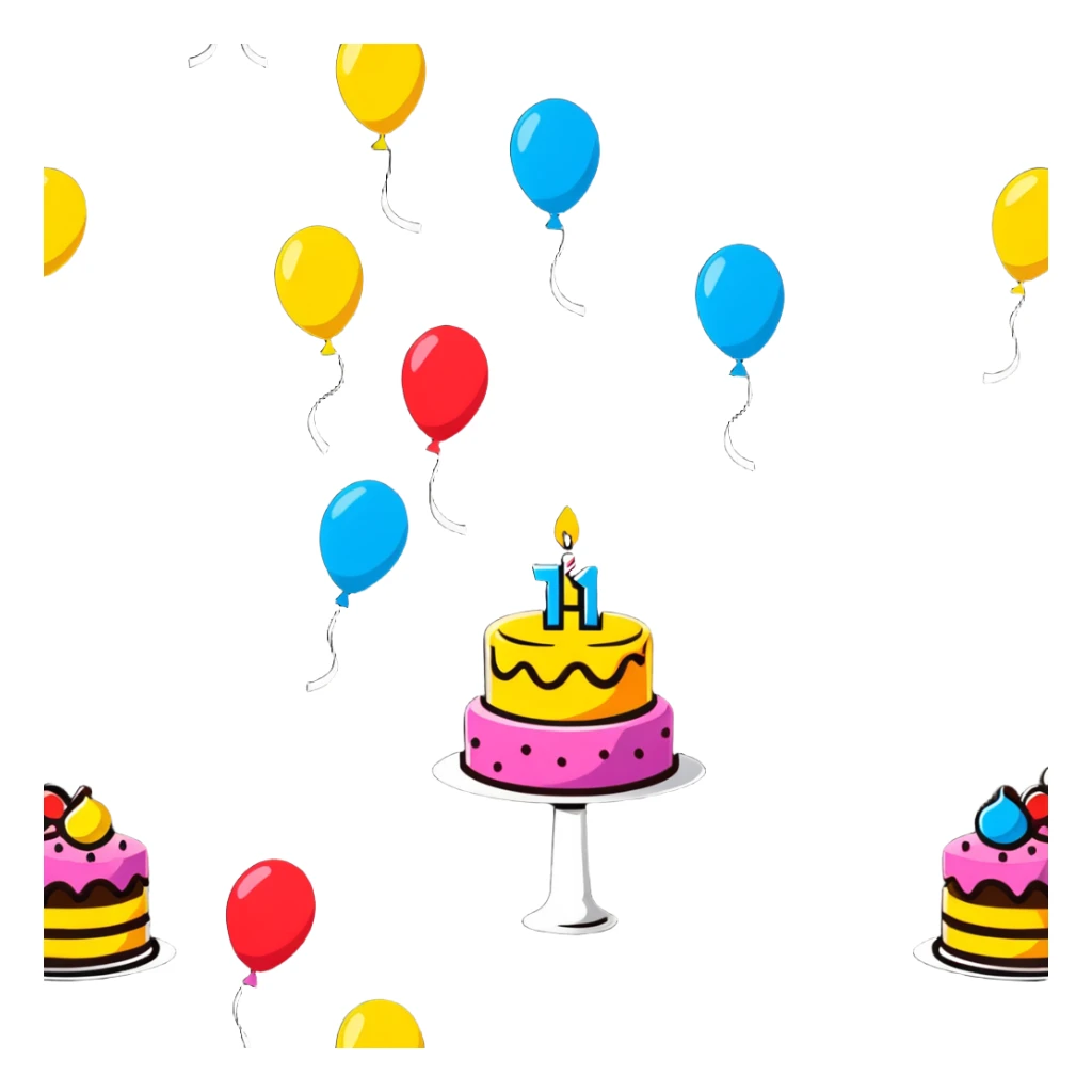 festive party celebration with balloons, confetti and cake sticker