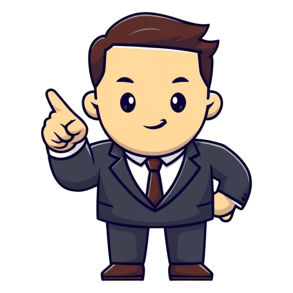 Boss character with a confident pose, business attire, pointing forward sticker