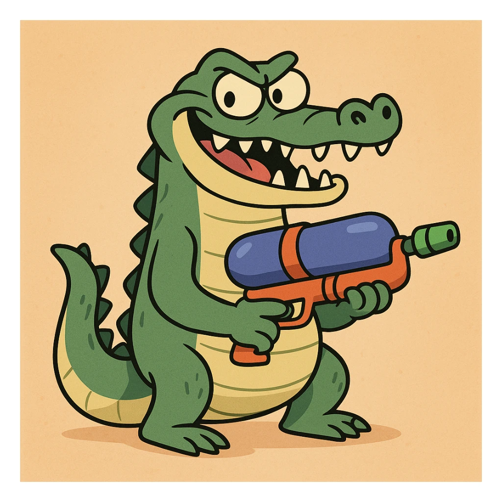 alligator with a water gun and a mischievous grin, bright colors, playful and fun cartoon sticker