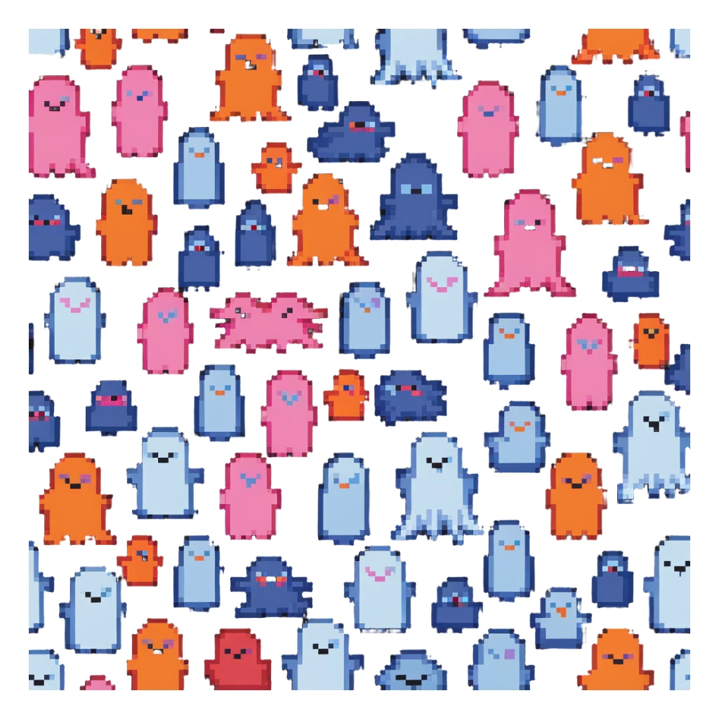 The four classic Pacman ghosts (red, pink, blue, and orange) lined up together sticker