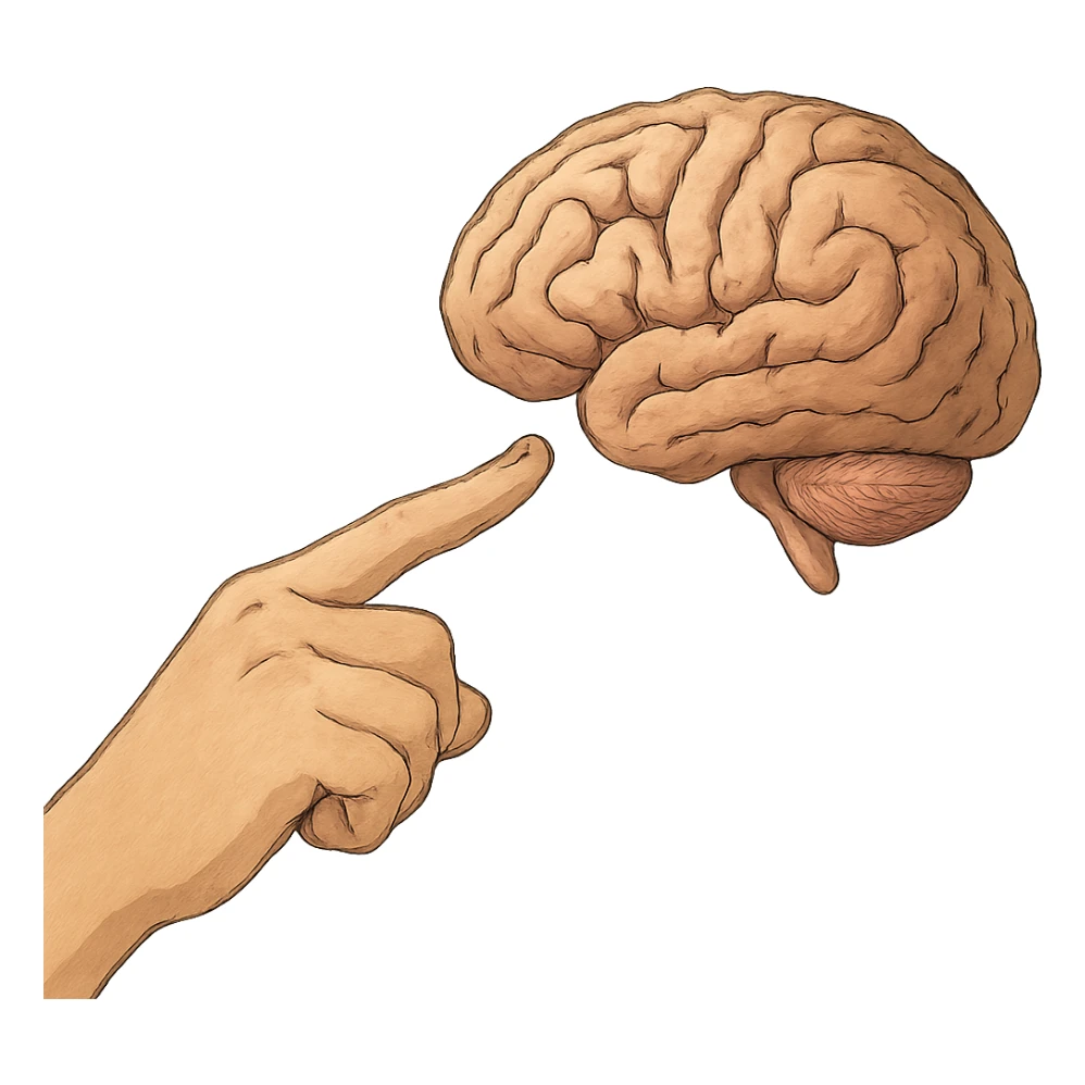 ghibli style a hand with detailed fingers pointing to a brain sticker