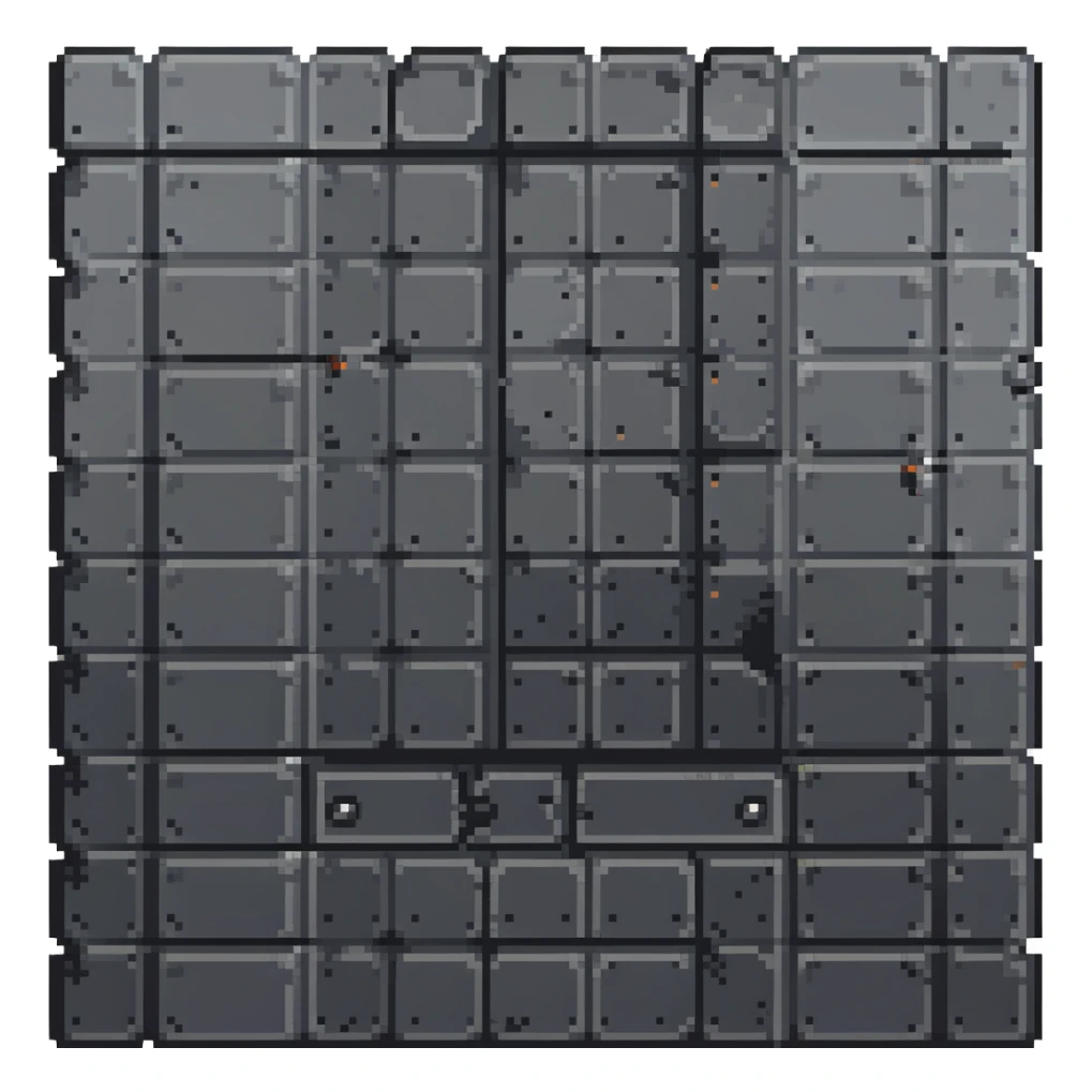 solid metal industrial wall with rivets in corners, dark gray with metallic highlights, 32x32 pixel art game tile that looks indestructible sticker