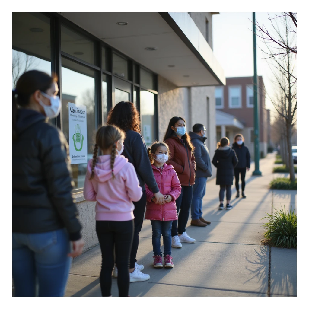 photo-realistic documentary style, parents with children in line outside a modern medical clinic, some masked, clear vaccination sign, suburban setting, soft daylight, 4K resolution sticker