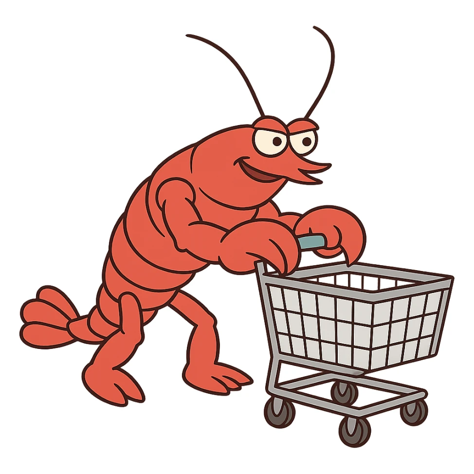 strong lobster pushing a shopping cart, transparent background sticker