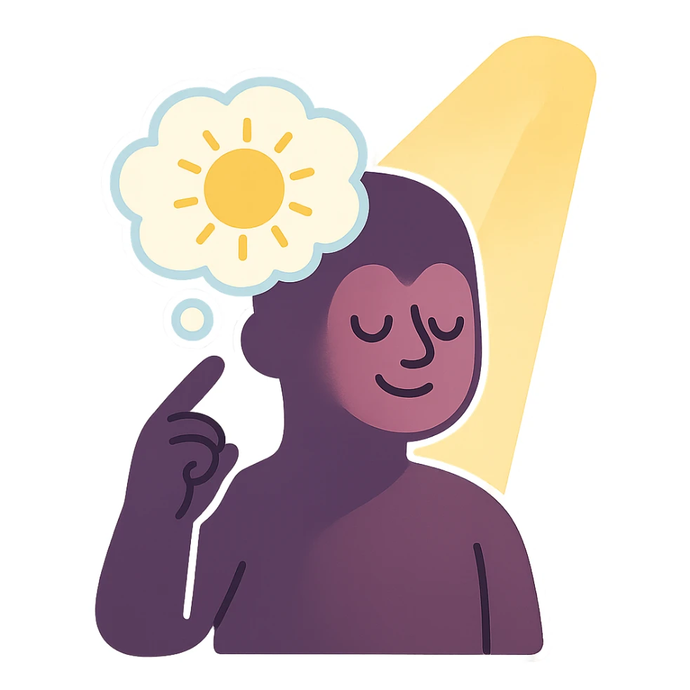 silhouette with thought cloud and sunbeam, symbol of mindfulness and insight, pastel toon style, clear contours, soft shadows and highlights, white outline sticker