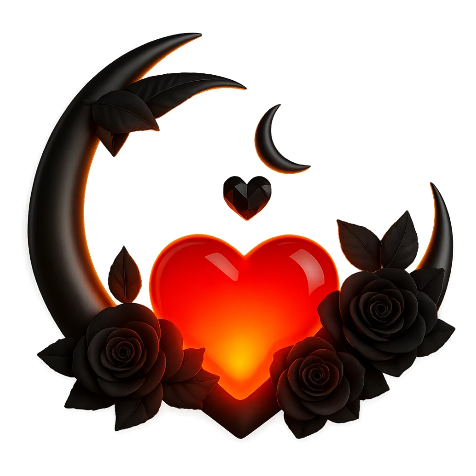 Add a glowing effect to the red glass heart, keep the silver crescent moon and small black roses, gothic and luxurious, in a 3D emoji-inspired style. Remove the background. sticker