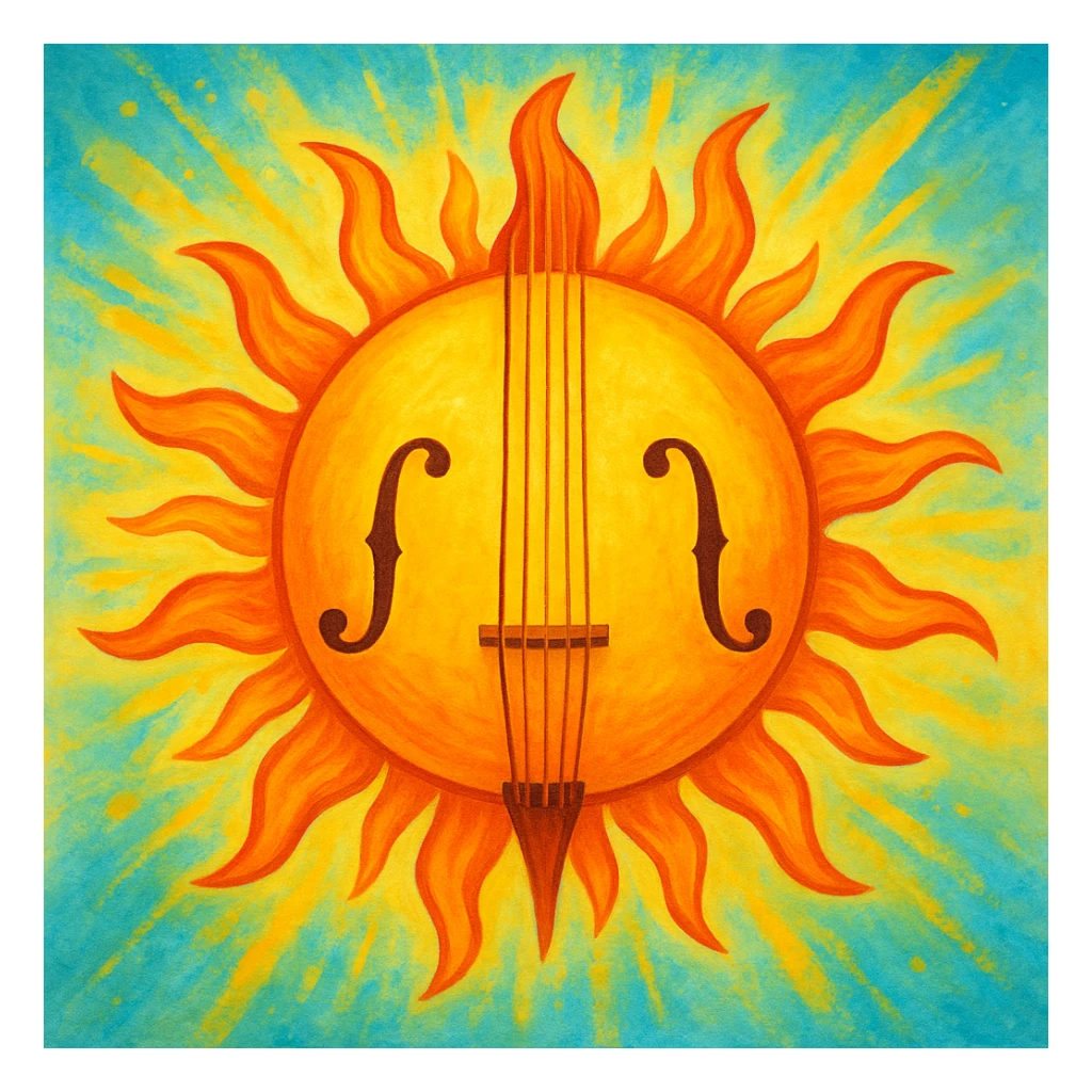 A summer sun with cello strings and f-holes, blending musical and sunny elements, vibrant and creative. sticker