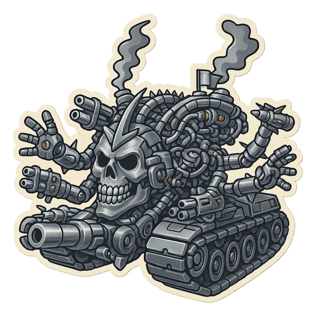 Edit the skull robot tank to have 4 distinct arms, shiny silver metal texture, more weapons, in a retro stickers style with clean outline and minimal color accents, transparent background. sticker