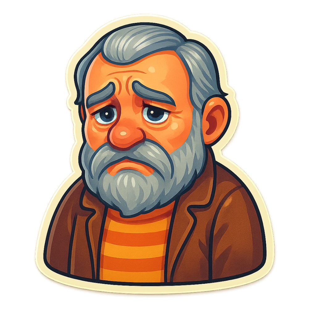 A dwarf with gray hair, a gray mustache, a gray beard, and gray eyebrows. He has blue eyes and wrinkles on his forehead. He is wearing a striped t-shirt and a brown jacket. The dwarf is displaying a sadness emotion. sticker
